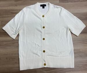 Women ST. JOHN short sleeve cotton knit gold button up cardigan sweater, XL